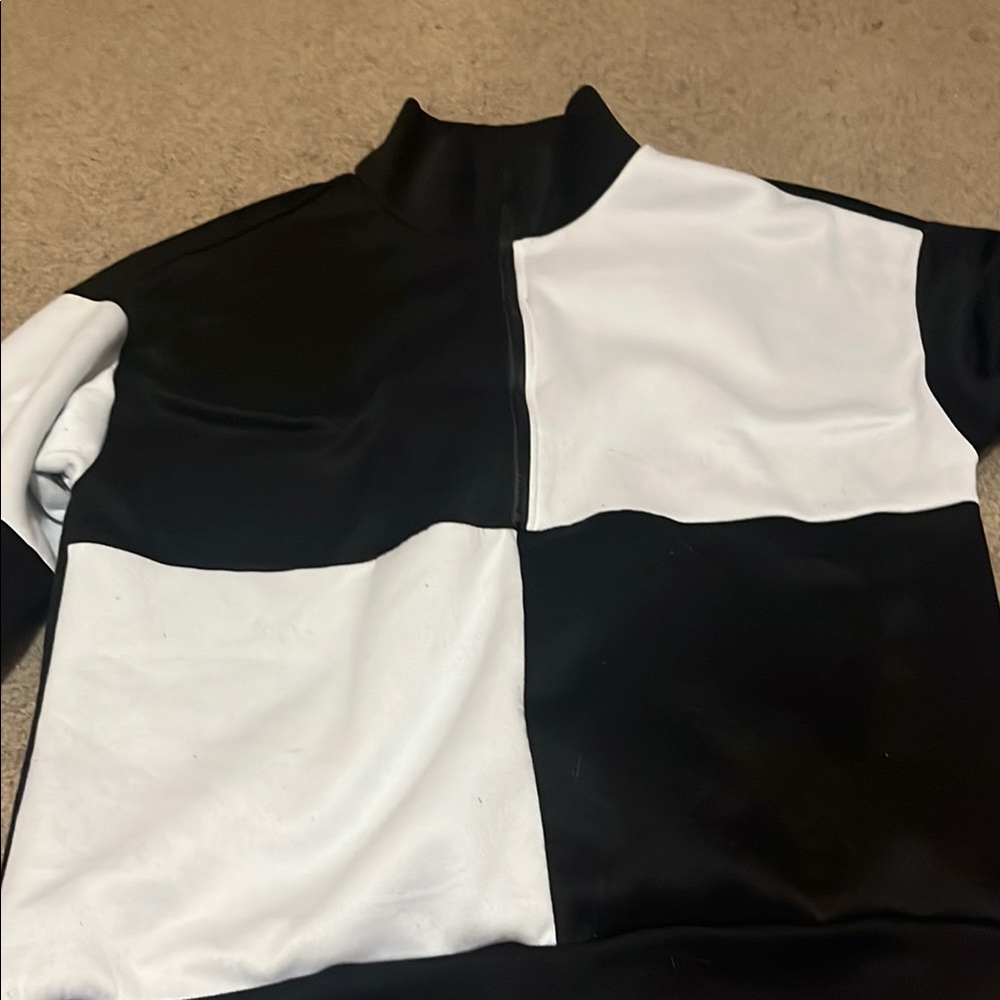 Black and White Boxy Graphic Hoodie with Mandarin Collar